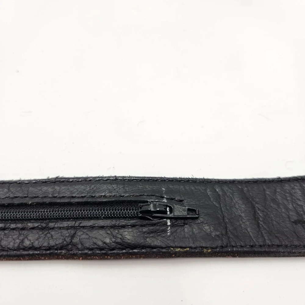 Mens Black Leather Money Belt Travel Security Hidden Zipper Pocket Silver Buckle